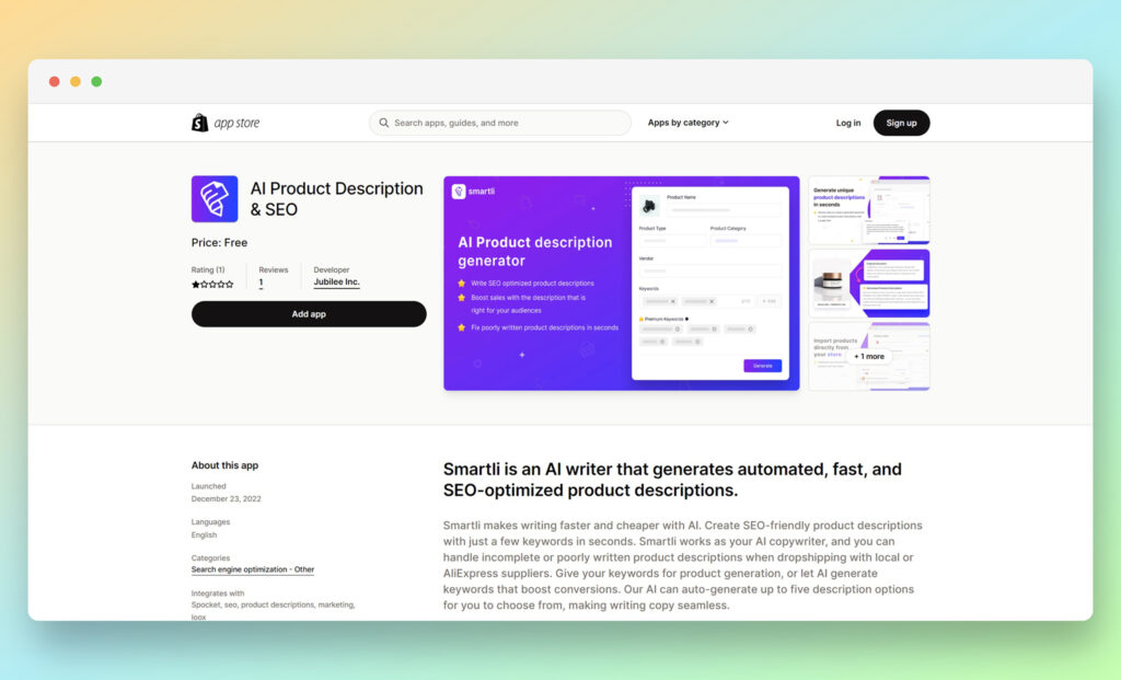 Smartli AI Product Description _ SEO - product description apps for shopify