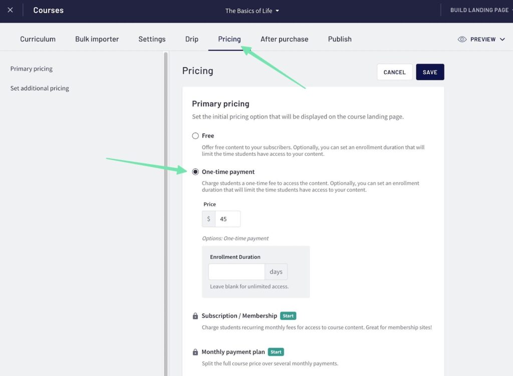 setting a one-time payment when learning how to create an online course for free