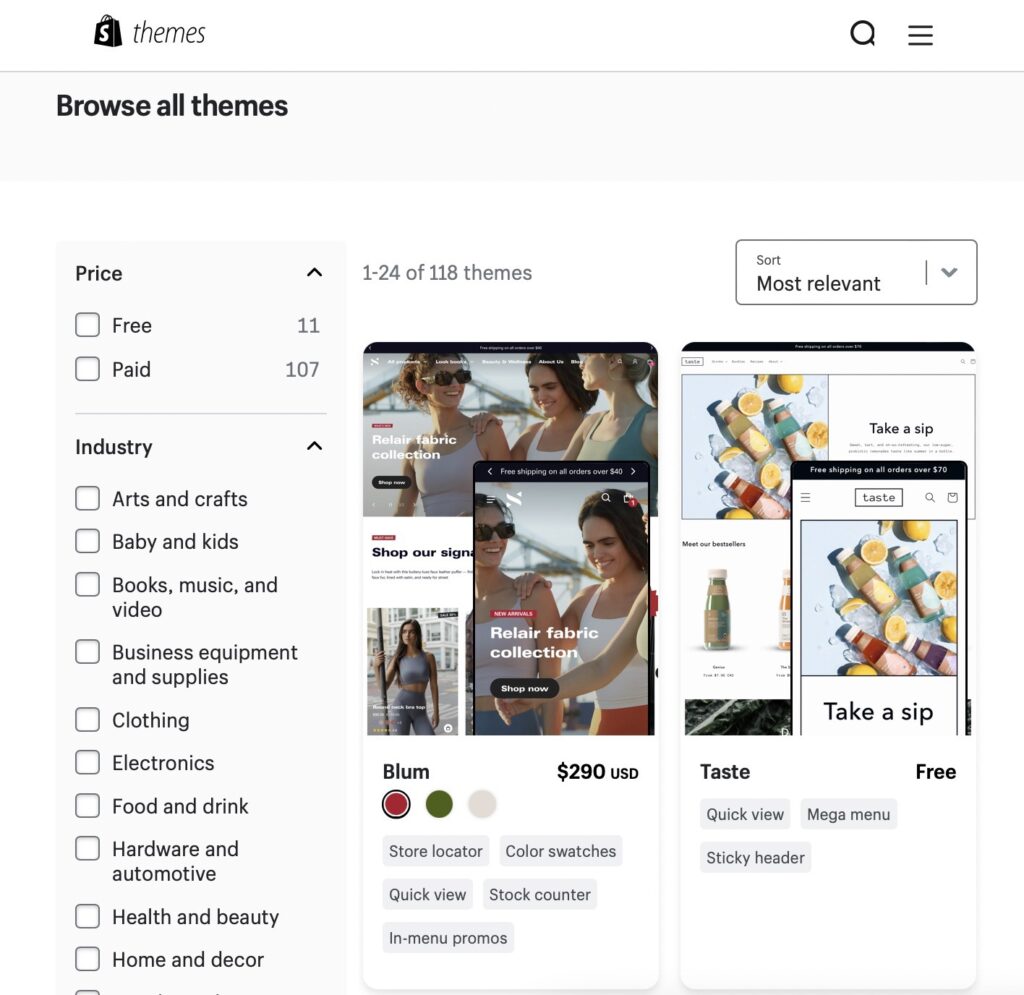pricing of Shopify themes