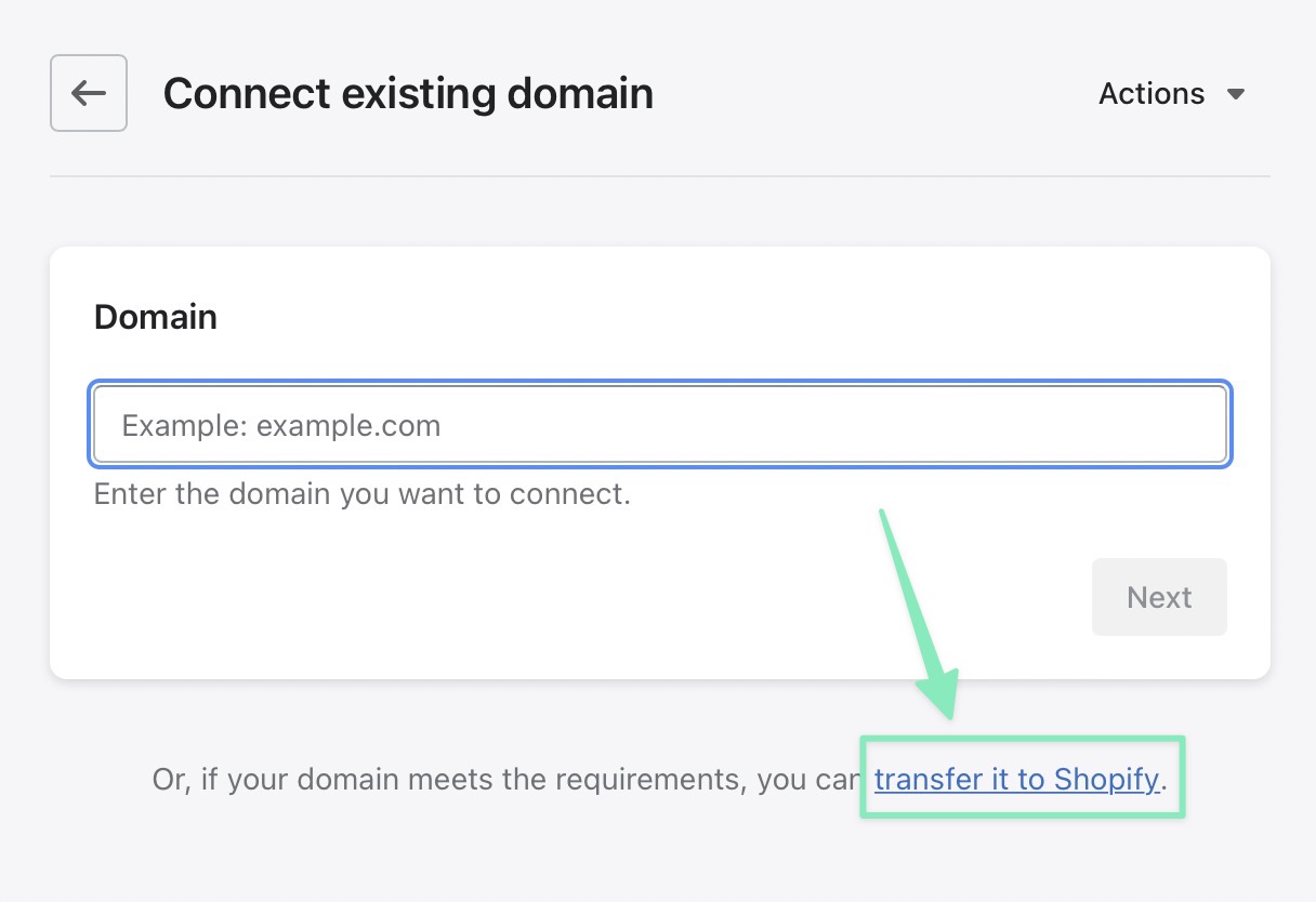 transfer domain to Shopify link
