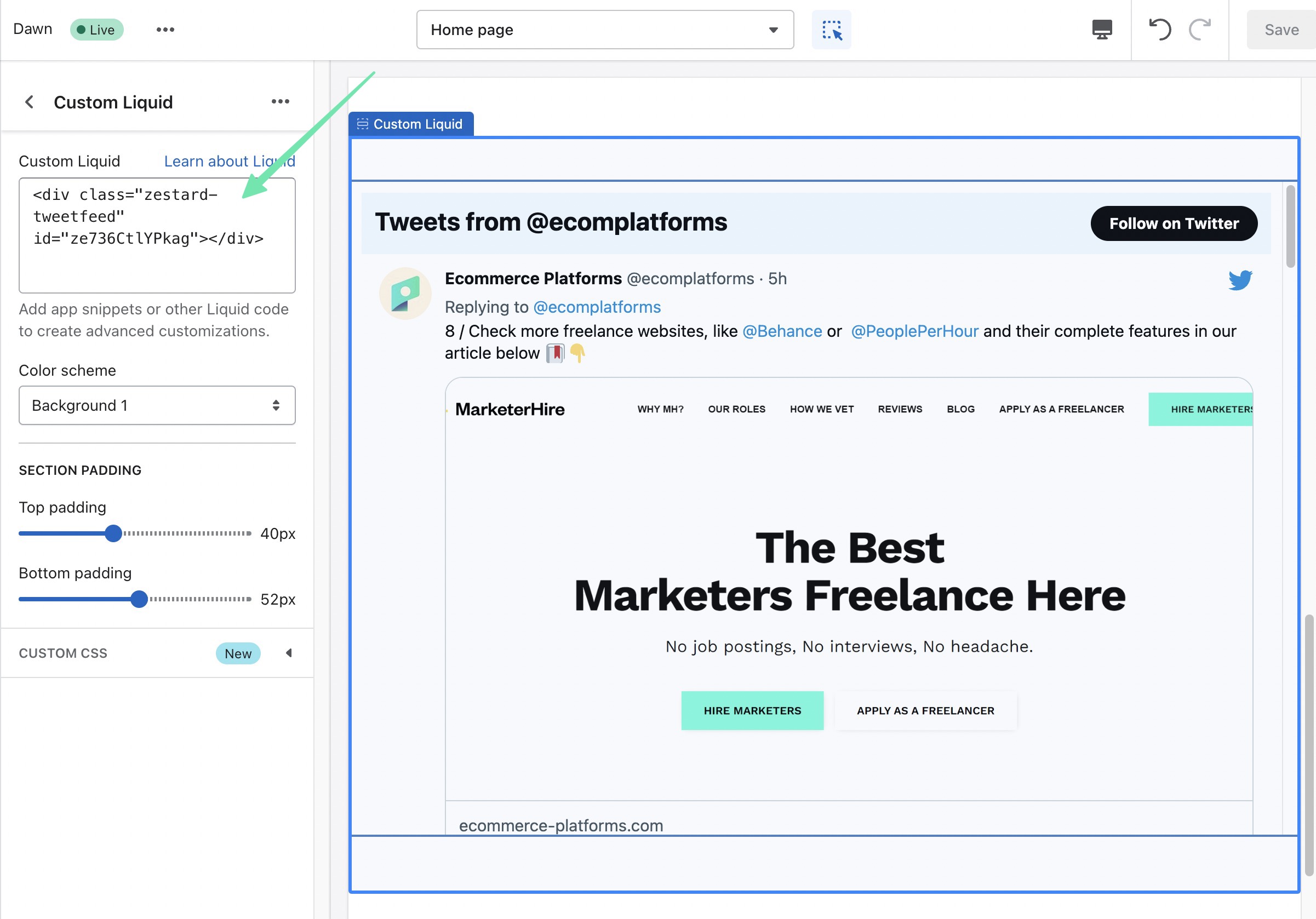 how to add Twitter feed to Shopify website using the custom liquid section