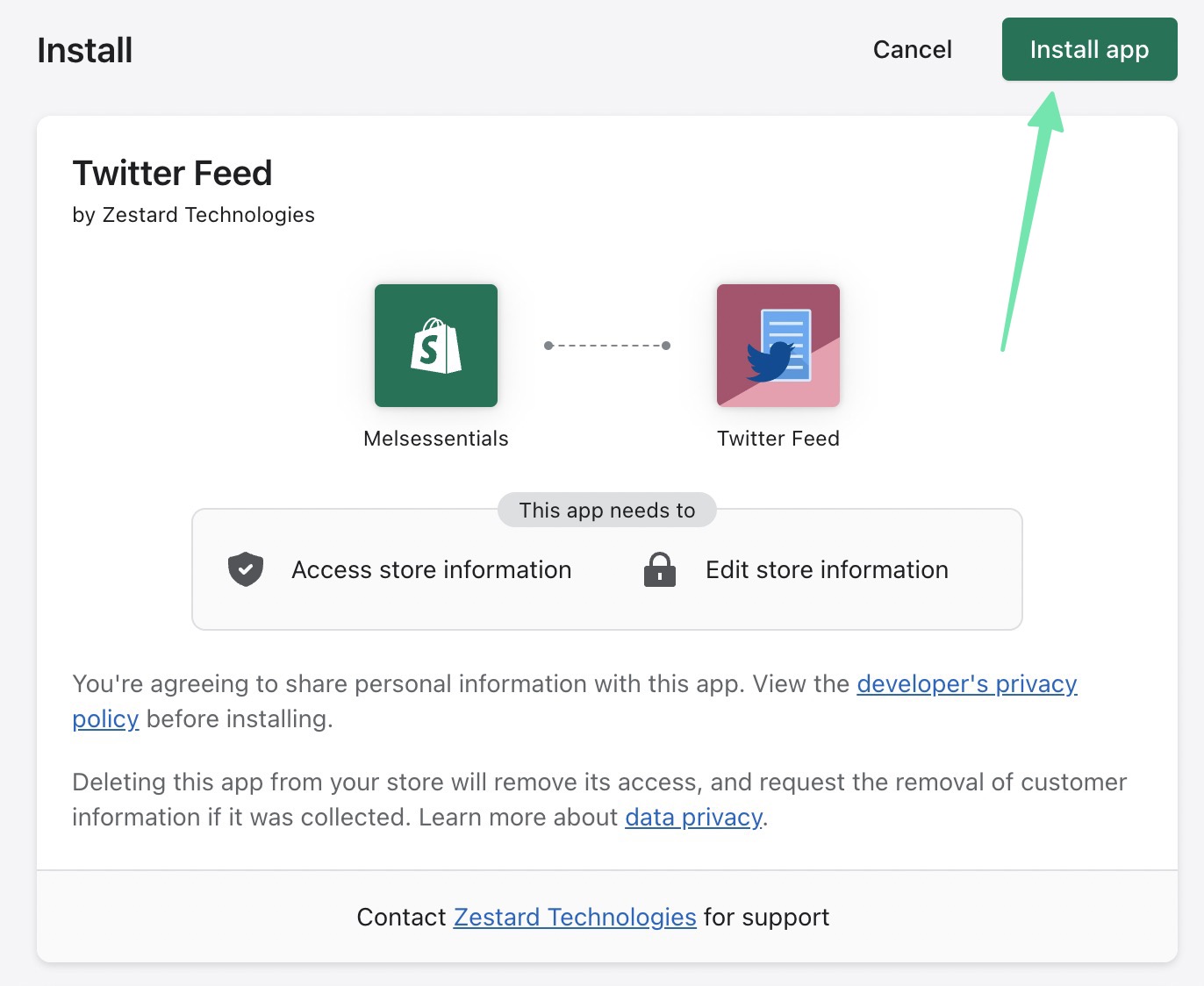 installing the app - how to add Twitter feed to Shopify website