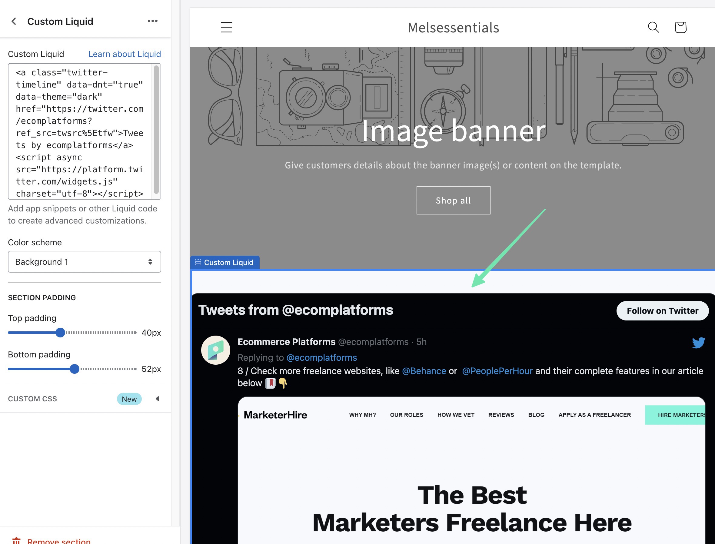how to add Twitter feed to Shopify website in the customizer