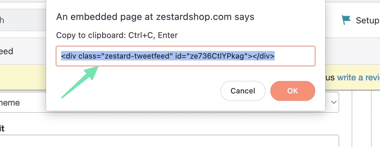 copying the shortcode for how to add Twitter feed to Shopify website