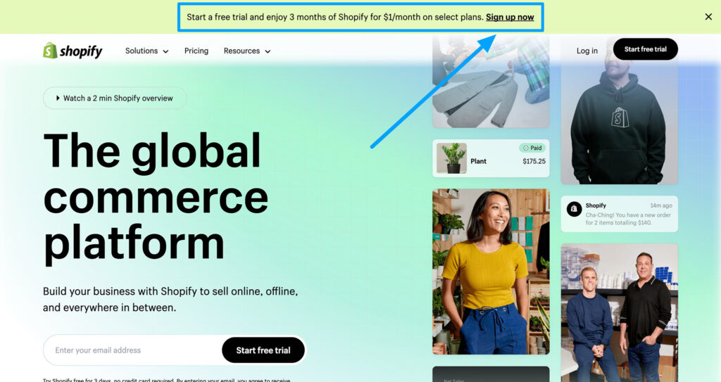 shopify homepage start free trial