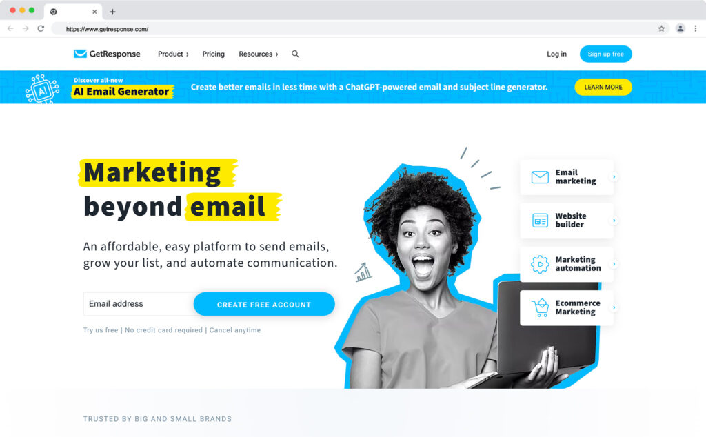 getresponse homepage - best ai website builders