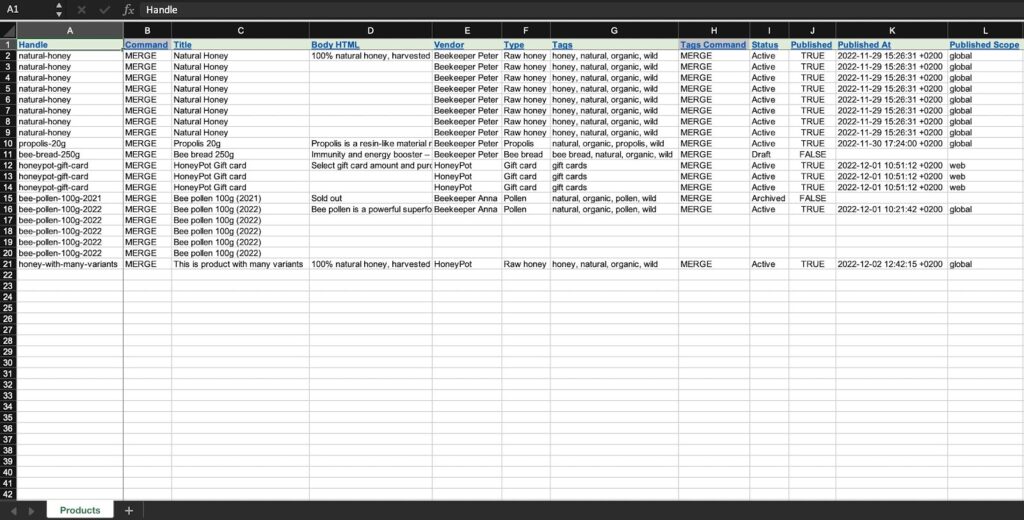 viewing the export file from Shopify